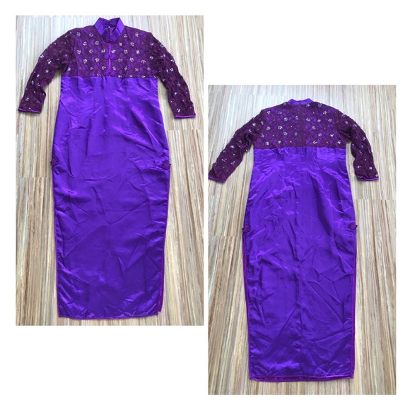 Purple Satin Cheongsam QiPao Long Sleeve Dress with Lace Overlay Beaded Bodice - Picture 3 of 3